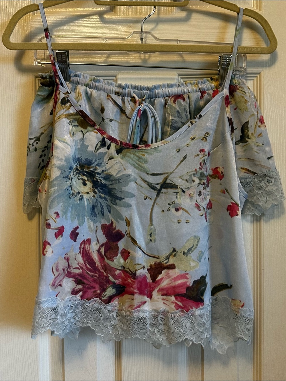 In Bloom Light Blue Floral Satin Pajama Set with Lace Trim